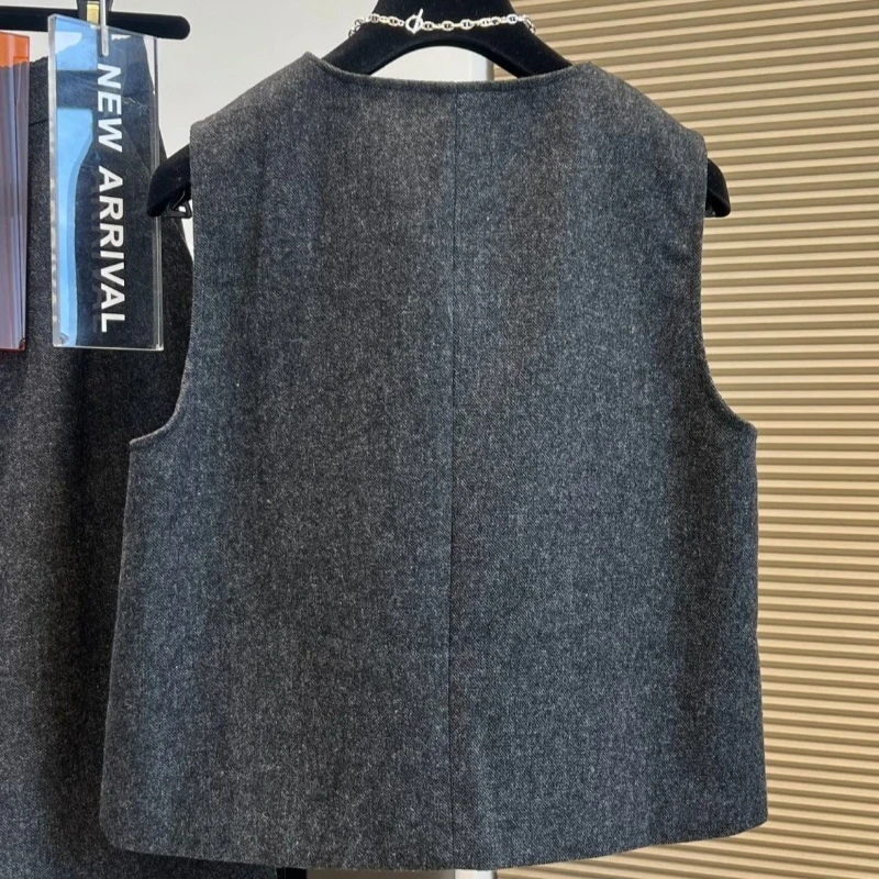 Solid-color Woolen  for Women, Loose High-end Sleeveless Single-breasted Vest, Semi-elastic Tight-waisted Casual Wide-leg Pants.