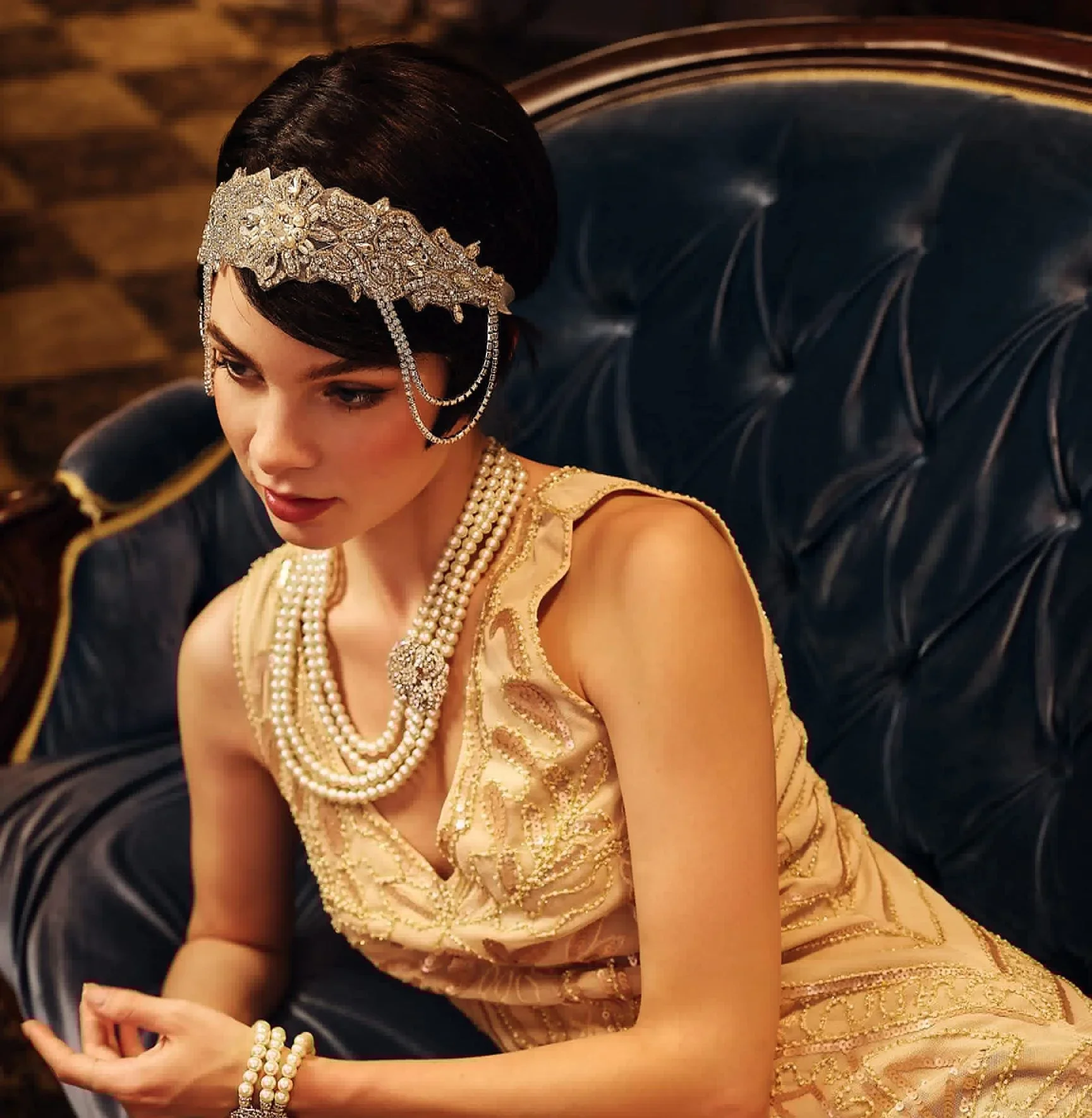 التخليص 1920s غاتسبي العظيم الزعنفة عقال اكسسوارات حفل زفاف مع الماس المجمدة العروس الرجعية غطاء الرأس خوذة #1