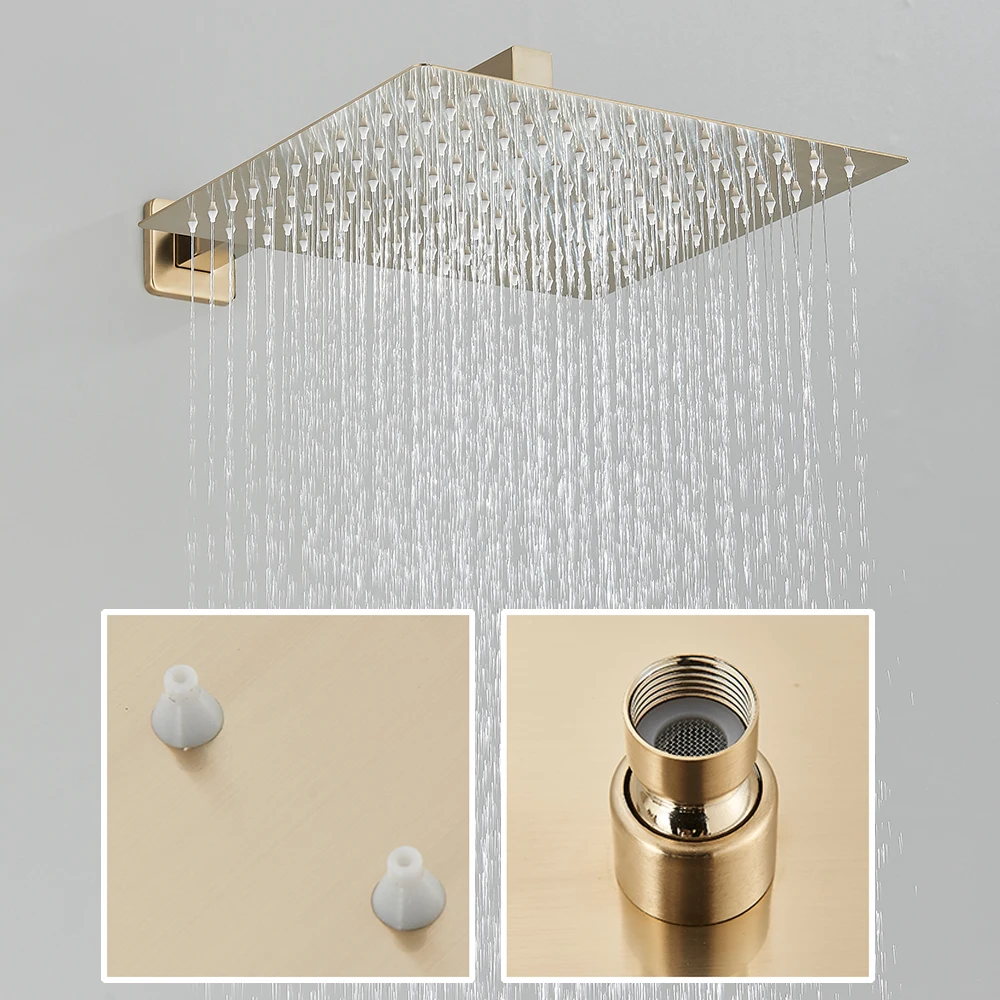 Brushed Gold Shower Set Wall Mounted Thermostatic Bath Shower Faucet 3-ways Concealed Tub Mixer Tap Rotating Spout Faucet