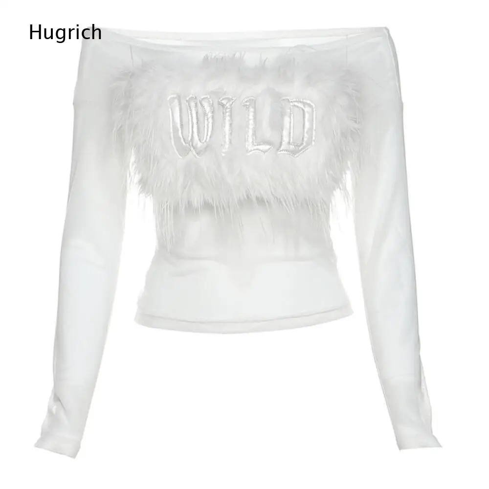 Ladies Slim Cropped Long Sleeve Blouse White Off Shoulder Design Fluffy Furry WILD Letter Embroidery Casual Top