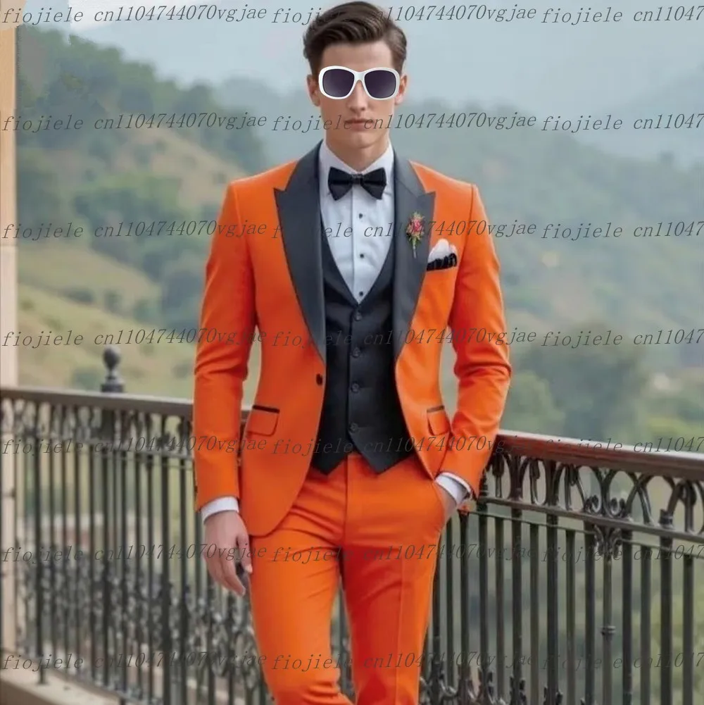 

Новый оранжевый и черный мужской костюм для официальной свадьбы, жениха, деловые мужские смокинги по индивидуальному заказу, комплект из трех предметов, куртка, жилет, брюки