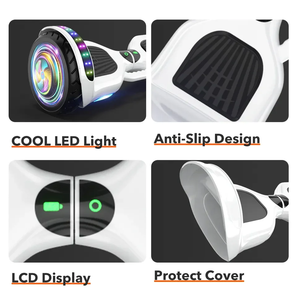 لوح تزلج كهربائي ذاتي التوازن مع أضواء LED 6.5 بوصة 36 فولت 4400 متر 10 بوصة إطارات بطارية ليثيوم للأطفال تحوم المجلس