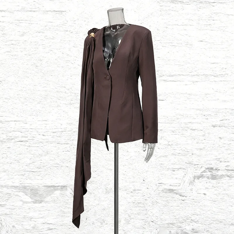 ZAMOR HIGH END Design Chic Blazer Women's 2026 New Irregular Streamer Decor Deep V-Neck Waist-Cinching Slim Fit Fashion Outerwea