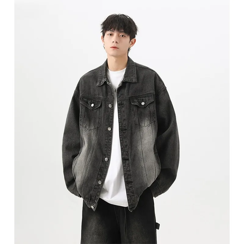 

Retro American Denim Jaet Spring Autumn Loose Men's Outerwear Couple's Waed Workwear Classic Sle Long Sve Coat