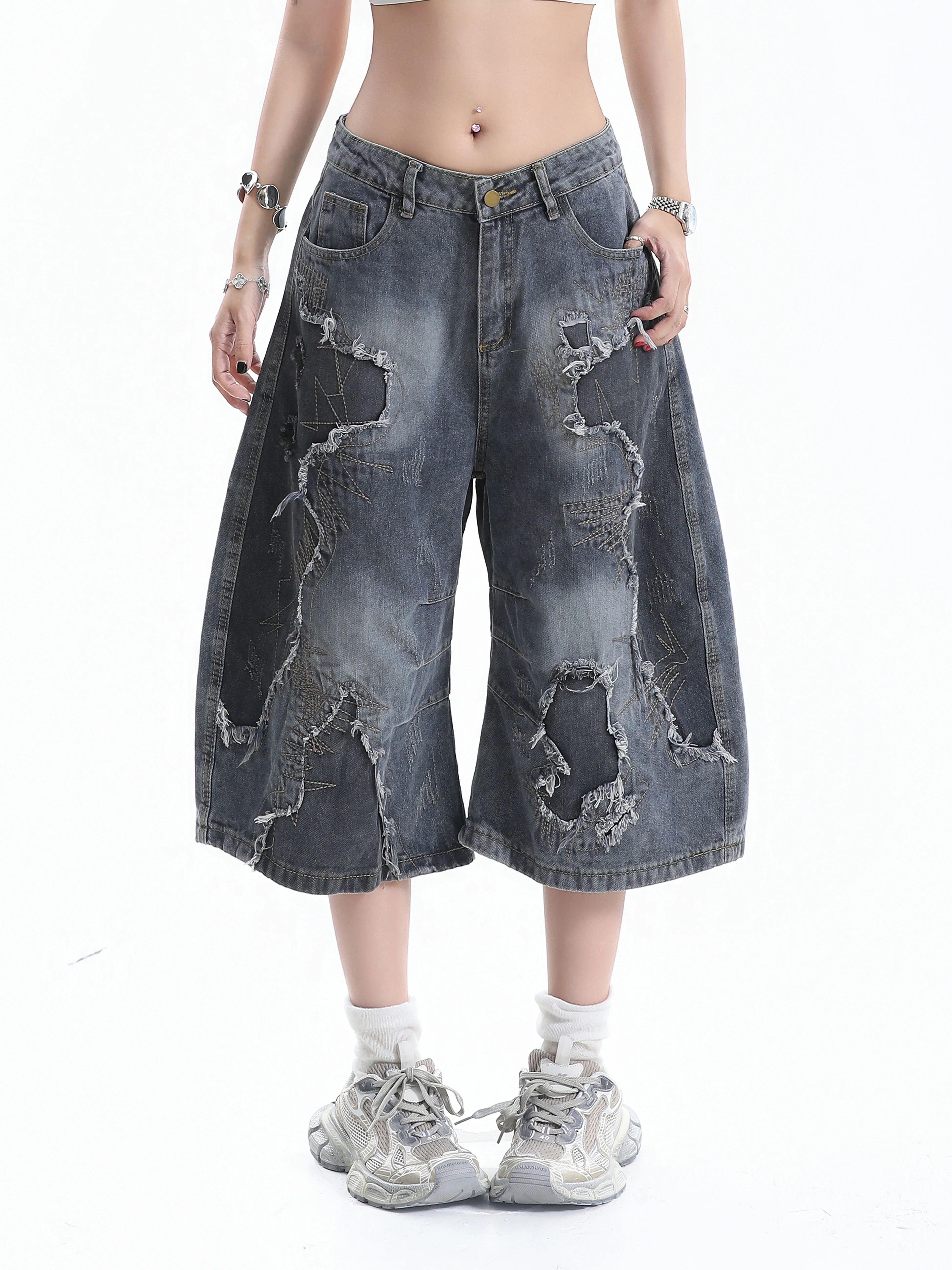 

Small Ball American Street Style Ripped Denim Mid-Length Pants Women's Vintage Frayed Wide Leg Heavy-Duty Seven-Foot Pants