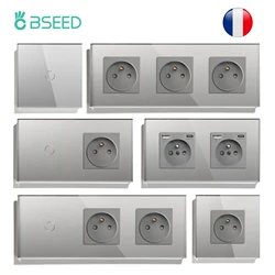 BSEED 1/2/3Gang Touch Light Switches 1Way Sensor Switch With Type-C USB French Wall Sockets Glass Panel Blue Backlight Gray