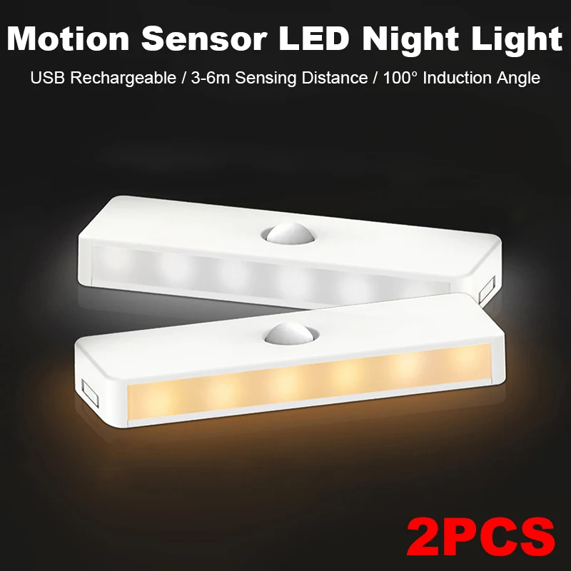 2PCS Motion Sensor Cabinet Light LED Night Light USB Rechargeable Intelligent Induction Lamp Wireless Closet Staircase Lighting