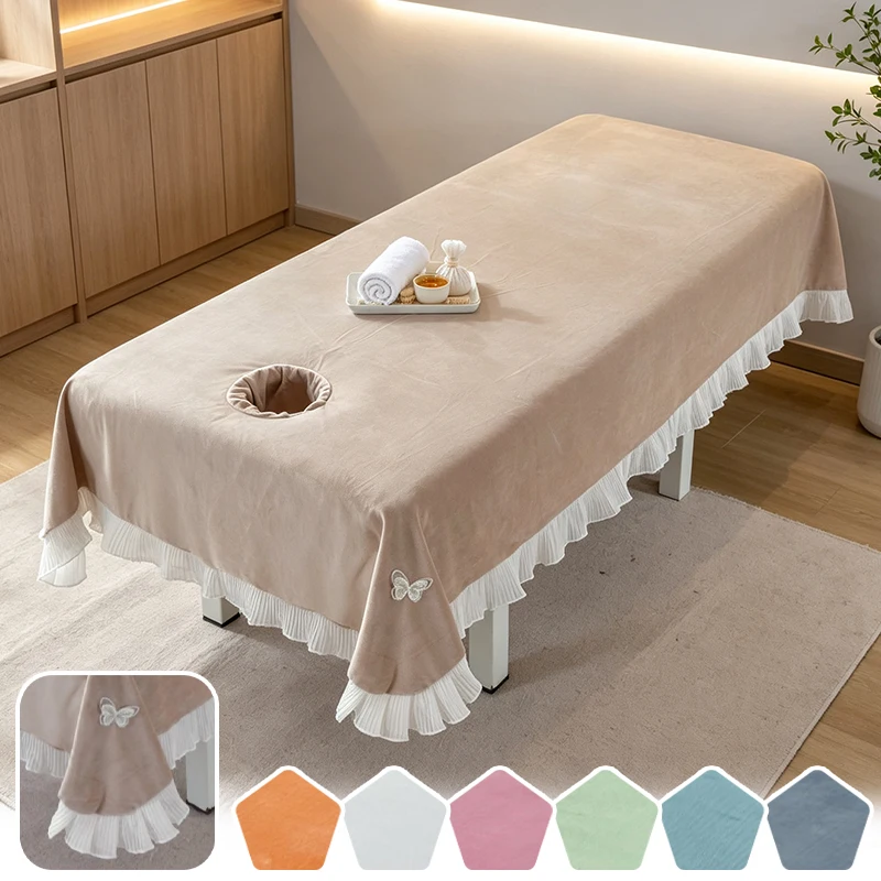 Soft Velvet Massage Table Sheet with Breath Hole White Ruffle Skirt Butterfly Decor Beauty Bed Cover for Spa Salon 120x220cm