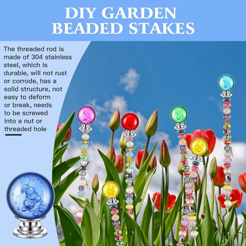 DIY Garden Beaded Stakes Wands Kit Include 8 Pcs 8/32 Inch 12 Inch Threaded Rods, 8 Pcs Hex Nuts And 8 Diamond Stopper