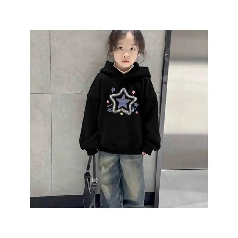 Hoodie Black Print Hooded Chinese Style Girls Toddler Kids Autumn Winter New Fashion Casual Daily Wear Soft Long Sleeve Tops
