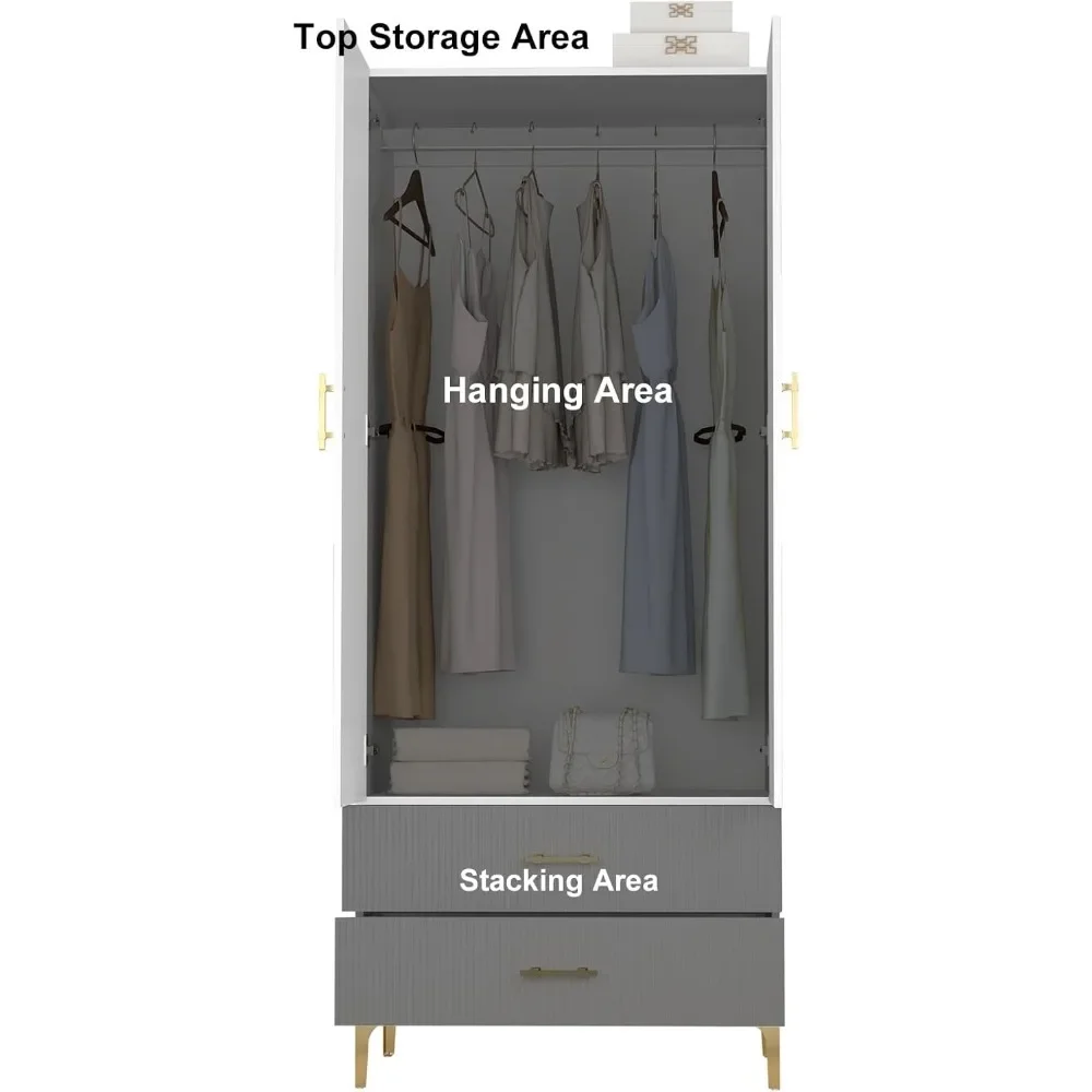 Wardrobe Armoire with 2Drawers,2Doors and Hanging Rods,Twill Wooden Closet Storage with Metal Cabinet Legs,White20.4x31.5x76.77H