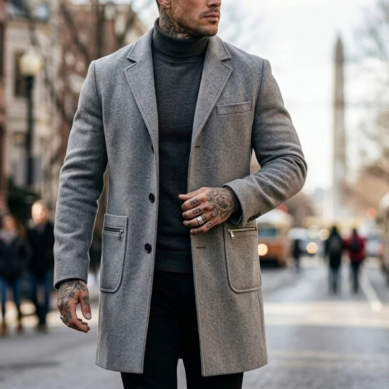 Men's Winter Trench Solid-color Wool Blends Windproof Coat with Multi-pocket Design | Warm Streetwear & Office Outerwear for Man