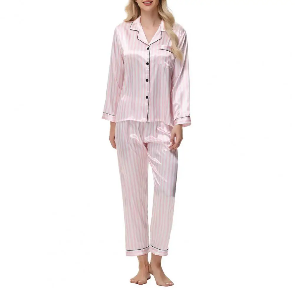 Women Satin Pajama Set Luxurious Silk Satin Pajama Sets for Button Down Tops Pants Striped Sleep Shirt