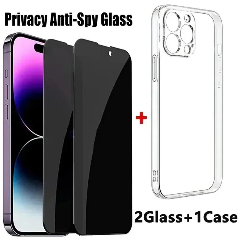 2PCS Anti-Spy Tempered Glass+1PC Phone Case Set Meal For iPhone 15 13 14 12 11 Pro Max 15 Plus Screen Protector Protective Film