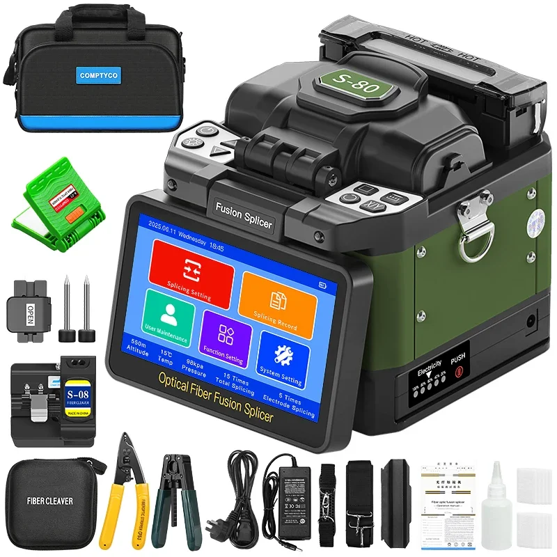 COMPTYCO Six Motor Fusion Splicer S-80 5-inch Flip Touch Screen 8s Fast Welding/18s Auto Heating Fiber Optic Fusion Splicer
