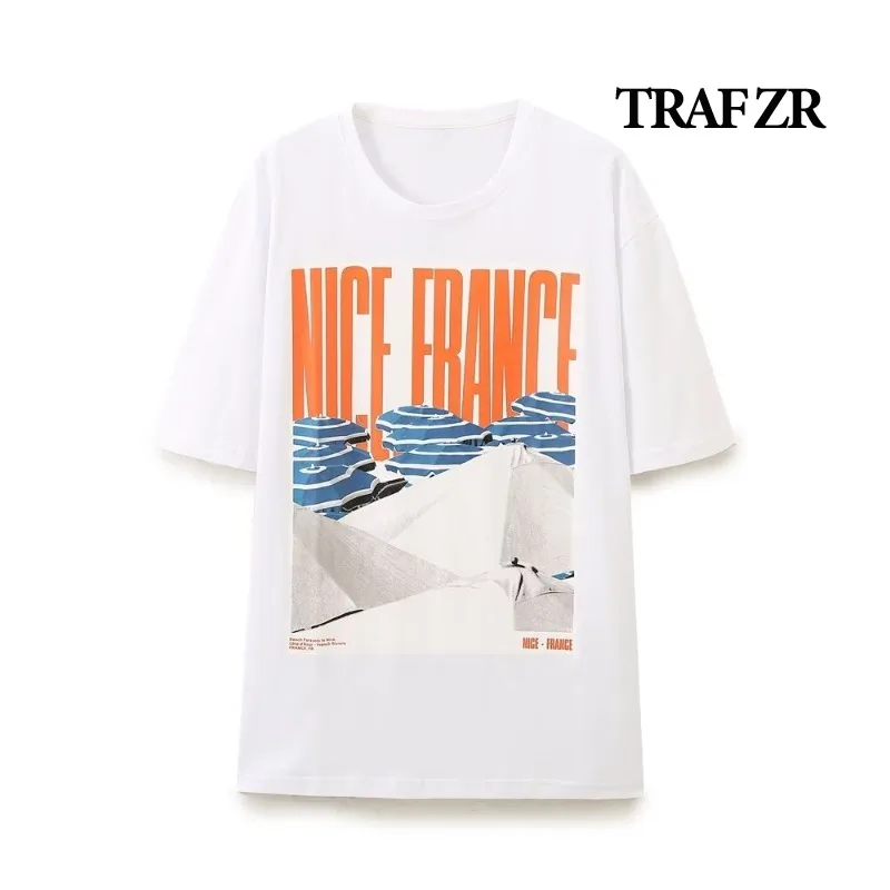 TRAF ZR Print T-shirts Woman Summer 2024 Short Sleeve Tee  O-Neck Women Tops White Letter Tops Y2k Basic Women\'s T-shirt