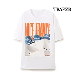 TRAF ZR Print T-shirts Woman Summer 2024 Short Sleeve Tee  O-Neck Women Tops White Letter Tops Y2k Basic Women's T-shirt