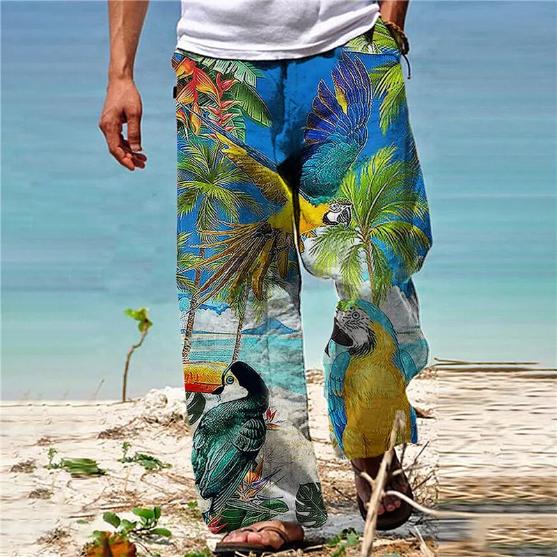 Men\'s Trousers Summer  Beach Pants Drawstring Elastic Waist Totem Printing Comfort Casual Long Pants