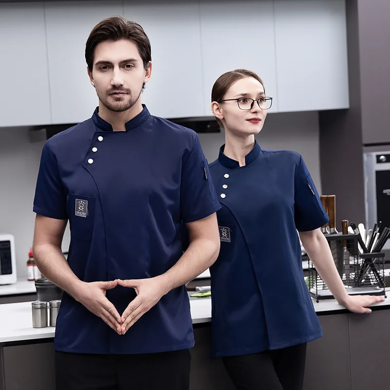 Uniforme de Chef respirável para homens e mulheres, mangas curtas, camisa de Chef preto e branco, jaqueta de cozinha, avental