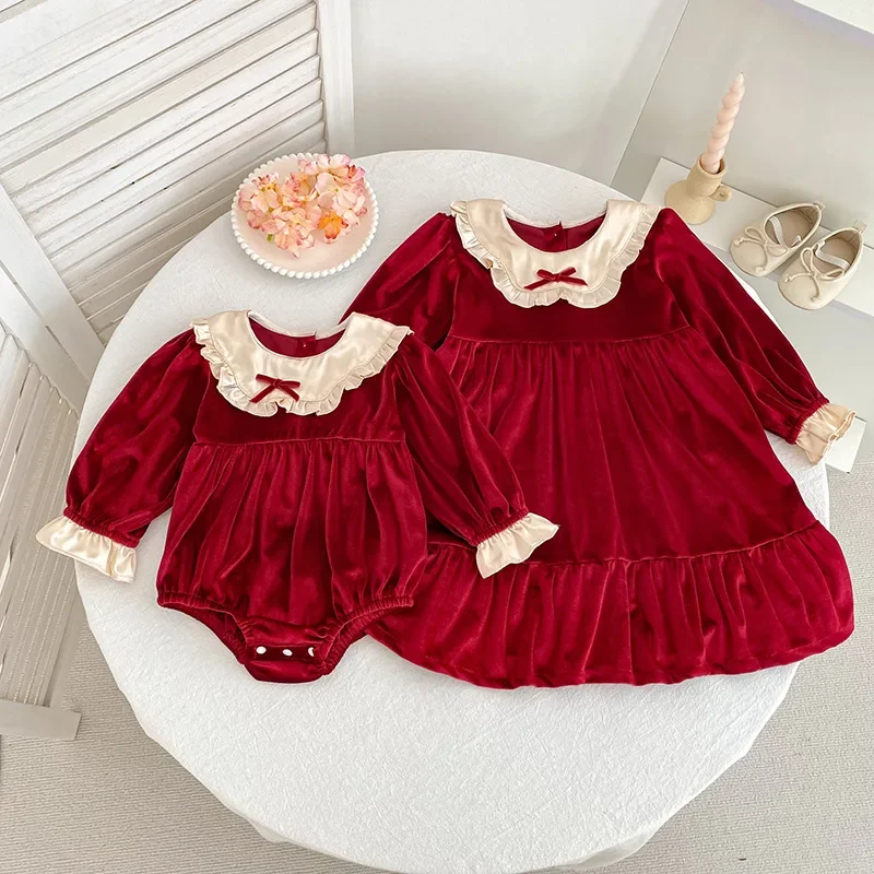 

2026 Christmas Long Sleeve Princess Dress for Girls Toddler Baby Bodysuit Romper Sister Matching Velvet Outfit New Year Gift