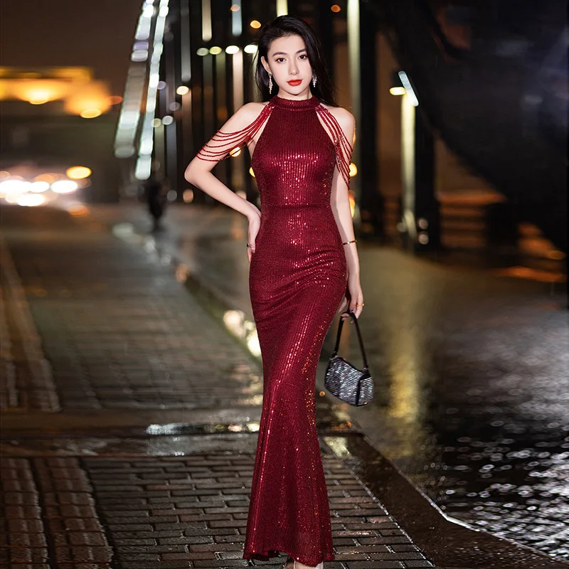 

Sequin Fi Tail Evening Dr Ne Hanging Long Wedding Dr for Engagement Par High Waist A-Line Skirt