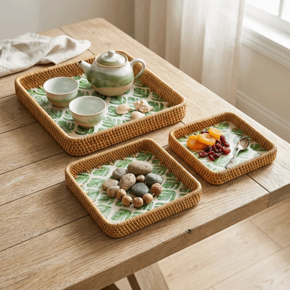 3Pcs Plant fiber Serving Tray Flat Tray Woven Texture Storage Basket Sturdy Breathable Structure Decorative Tray