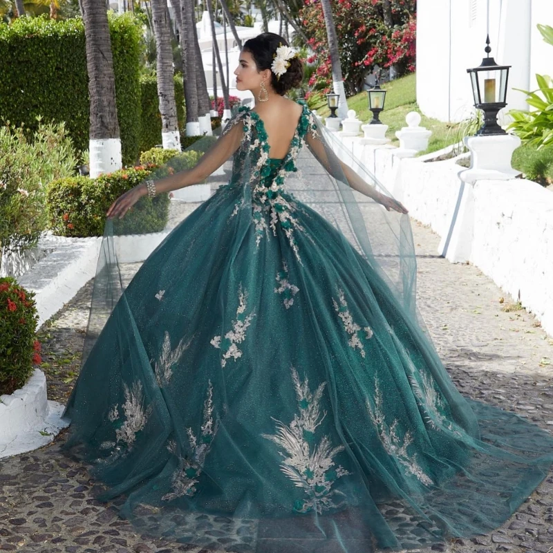 EVLAST-Vestido De quinceañera verde esmeralda, Apliques De encaje sin hombros, flores con capa, dulce 16, 15 años, TQD064