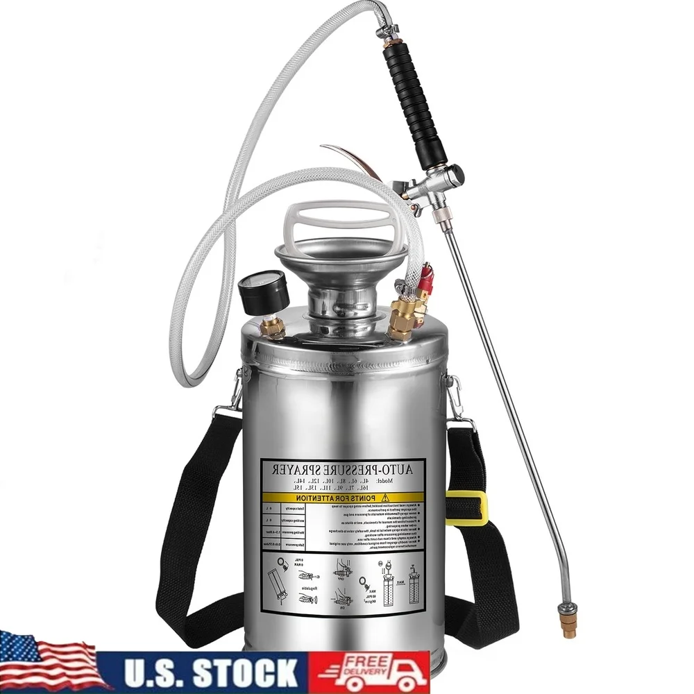 

1.5Gal Hand Pump Sprayer Stainless Steel Adjustable Nozzle Pressure Gauge Safety Valve Ergonomic Handle Durable Hose Garden