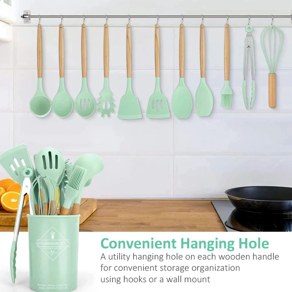 

12 Piece Silicone Kitchenware Set for Healthy and Odorless Children's Kitchenware with Wooden Handles and Storage Buckets