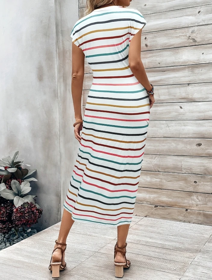 Sexy Round Neck Striped Printed Strap Wrapped Hip Dress for Women Elegant Midi Women's Dress