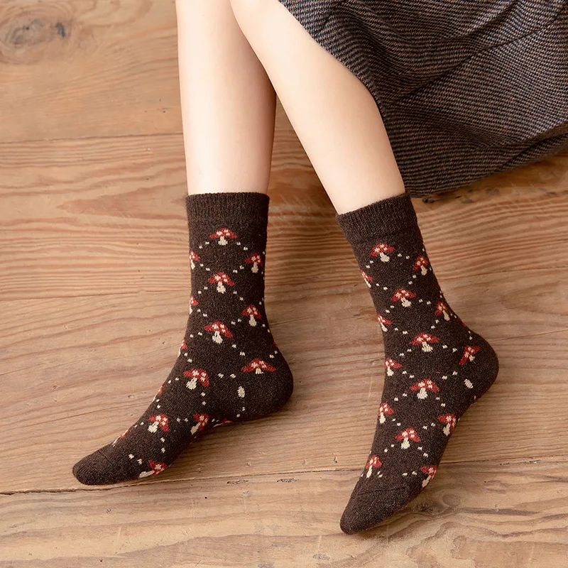 Thick Wool Socks Women in Autumn and Winter Warm Tube Socks Ins Tide Coffee Color Cartoon Retro Stockings Personality Wind