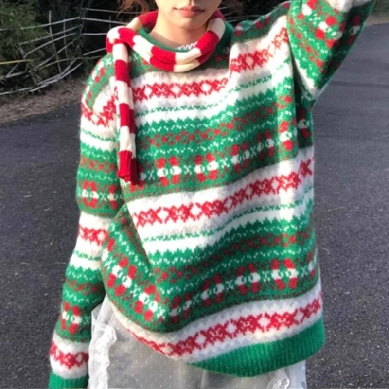 

Christmas Dressing and Festive Atmosphere 2025 Autumn and Winter Lazy Style Round Neck Loose Sweater for Women
