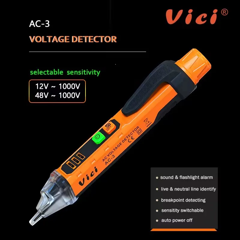 Vici 12-1000V Non-Contact Voltage Detector Smart Live Neutral Wire Breakpoint Finder Electrical Pen AC Voltage Tester Flashlight