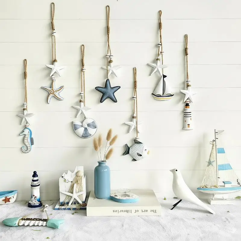 Décoration murale en bois de style méditerranéen avec animaux marins et corde en jute pour la maison