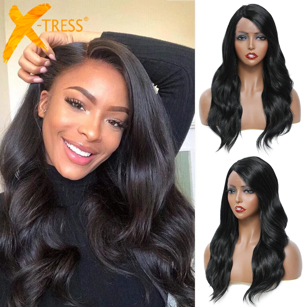 X-TRESS Lace Hair Wigs Black Color Synthetic Lace Wig Side Part 22 inches Long Body Wave Hair For Women Cosplay Daily Wig L Part