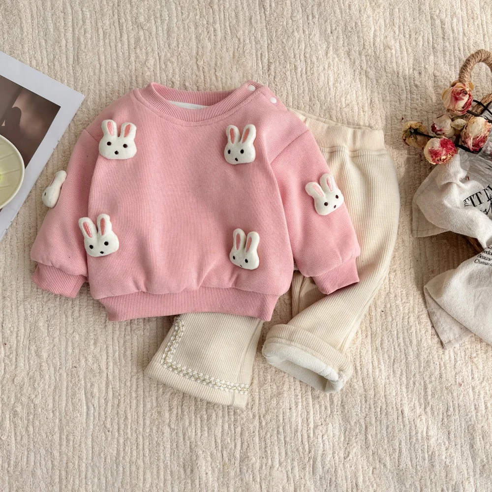 2024 Autumn Winter New in Kids Baby Girls Thicken Warm Clothing Set 2pcs , Infant Toddler Cartoon Top Sweatshirts + Pants 3M-3Y