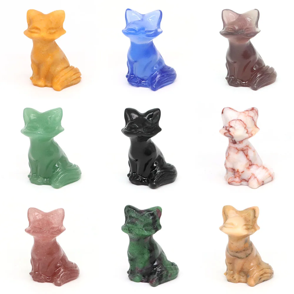 تمثال ثعالب من الحجر الطبيعي للشفاء كريستال منحوت يدويًا تمثال حيوان ريكي أحجار كريمة حرف معدنية ديكور منزلي هدايا محظوظة