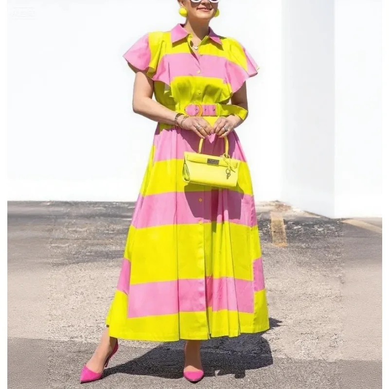 

Tinaa Pink Striped Plus Size Dresses Women 2025 Summer Holiday Party Turn Down Collar Flying Sleeve Tied Waist Midi Dress 182970