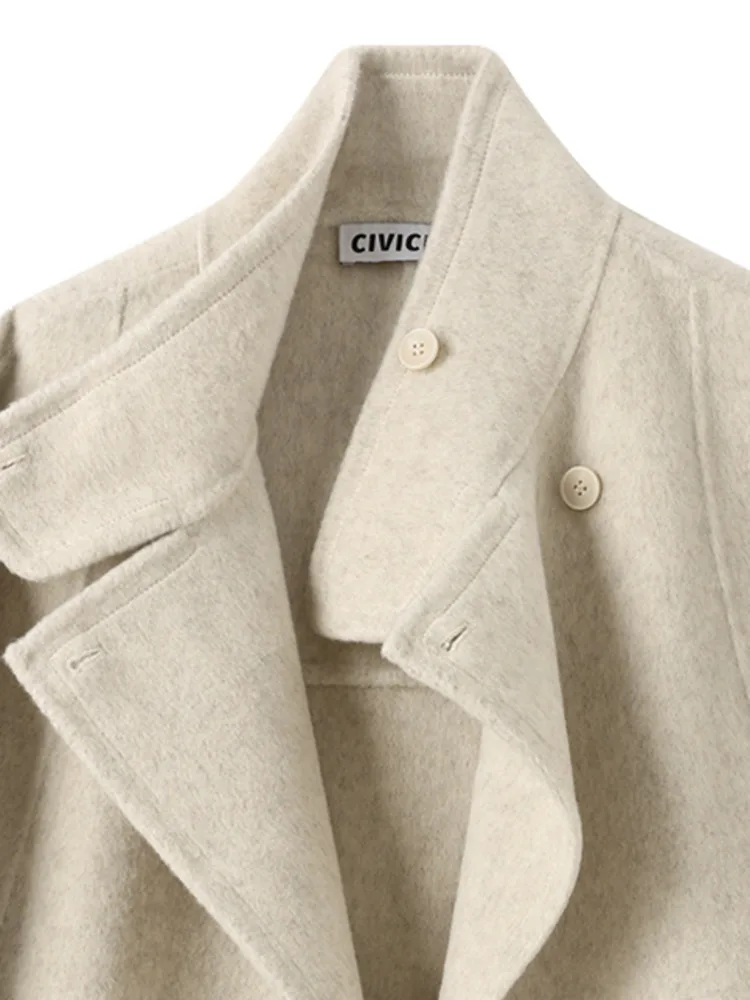 ZMEENNA レディース ショート ブレンド ピーコート オーバーサイズ ベージュ ジャケット ハイスタンドカラー ミニマリスト スタイル 冬 アウター ZM4257