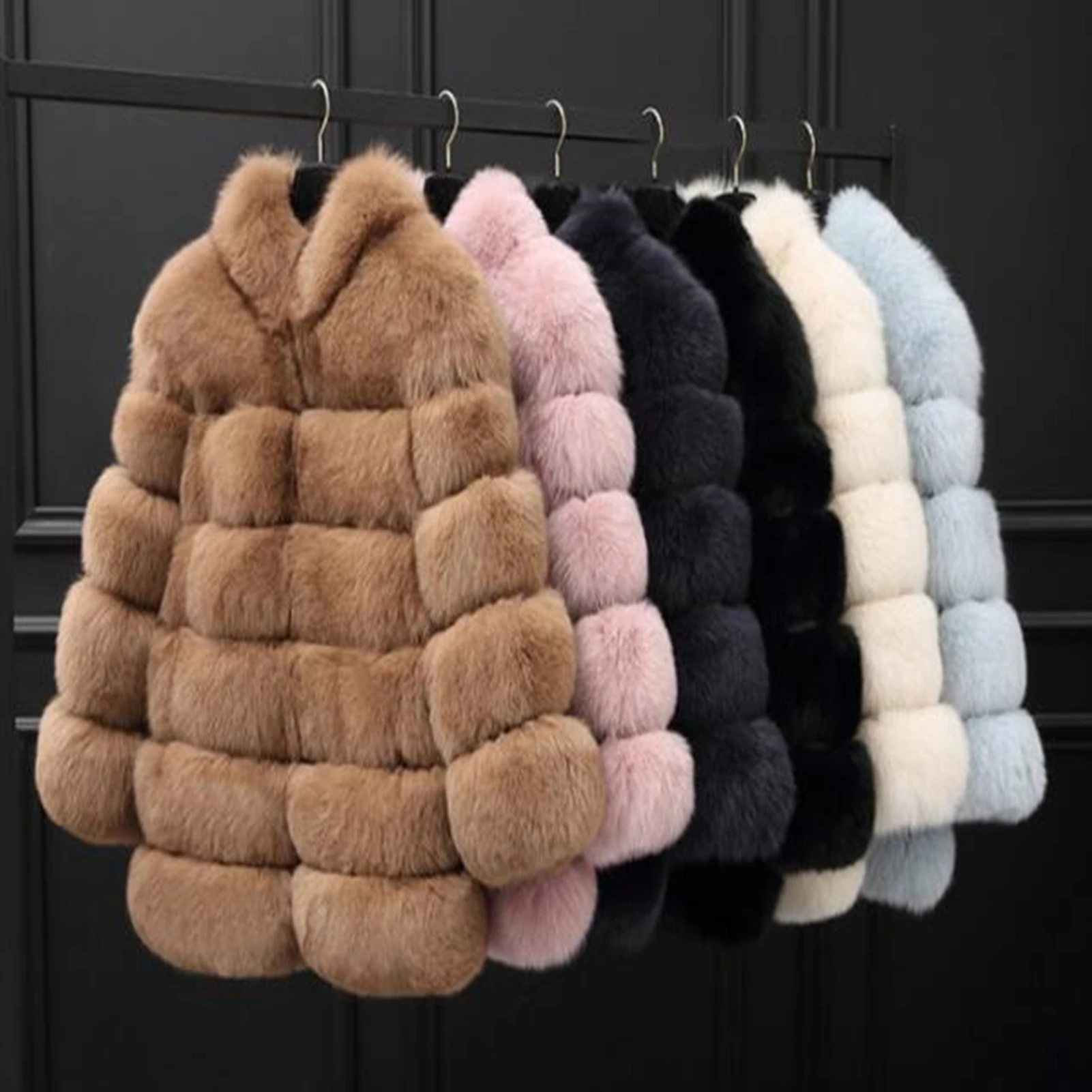 Women's Winter Long Sleeve Stand Collar Faux Fur Coats Jackets Overcoats Thick Warm Faux Fox Fur Outwear