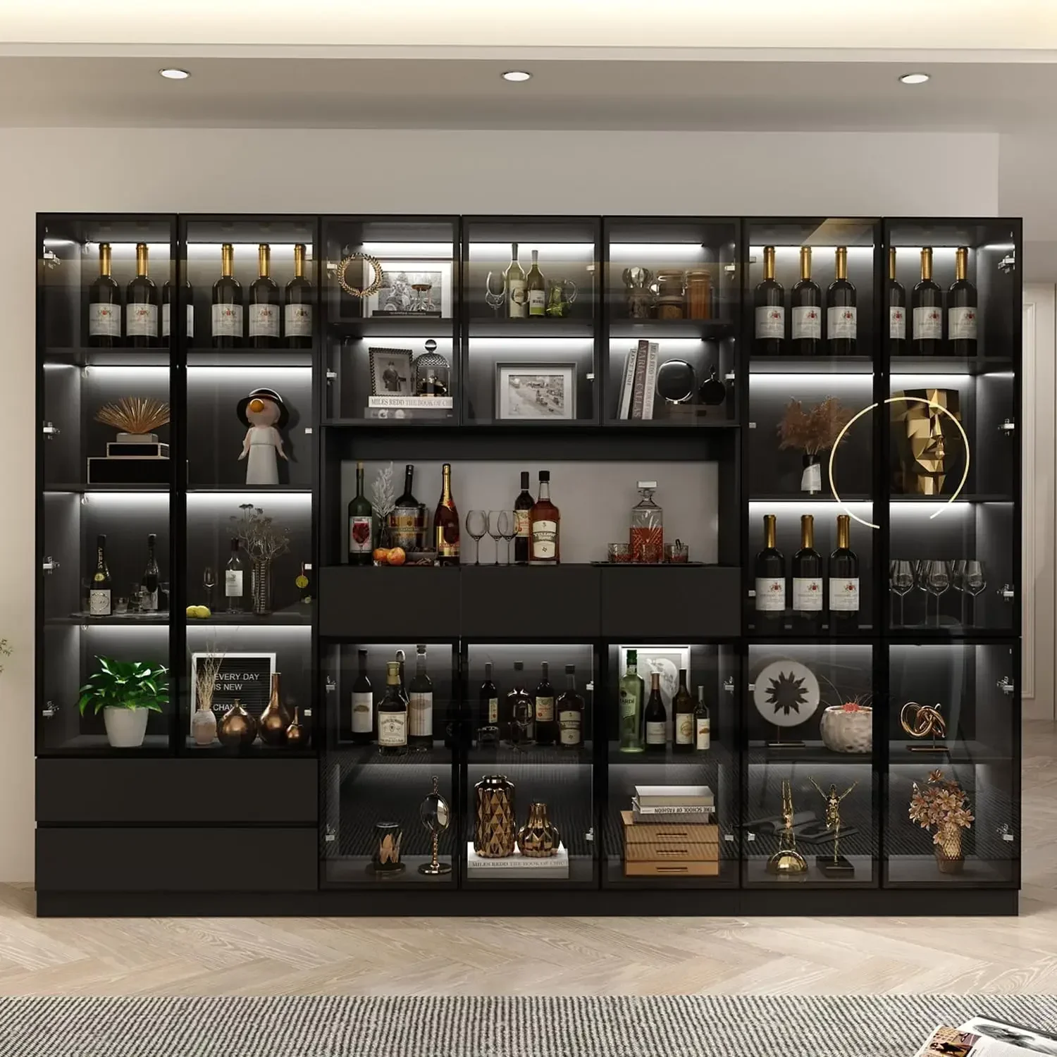 

Tall Bookcase Bookshelf with Glass Doors and Lights, Large Display Shelf Organizer Set with Hutch, Library Bookshelf (110.2" W)