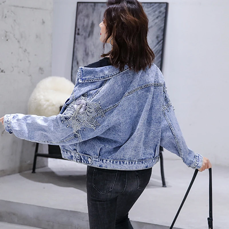 Beaded Denim Jacket Ladies Short Coat Spring Autumn 2024 New Women's Korean Loose Bomber Outerwear Plus Size Basic Overcoat Cool