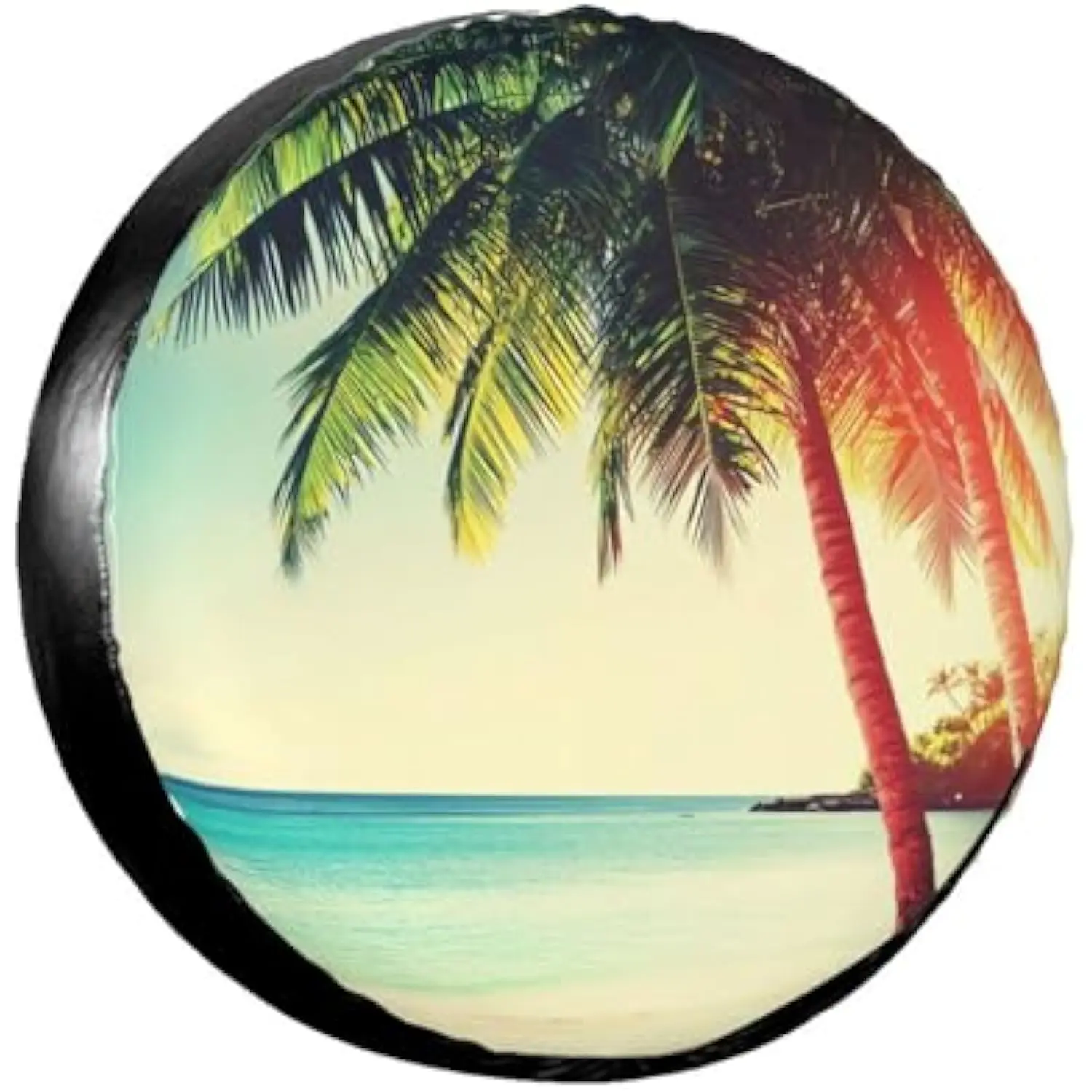 Tropical Palm Tree Beach Scene Spare Tire Cover Polyester Waterproof Outdoor RV SUV Accessories