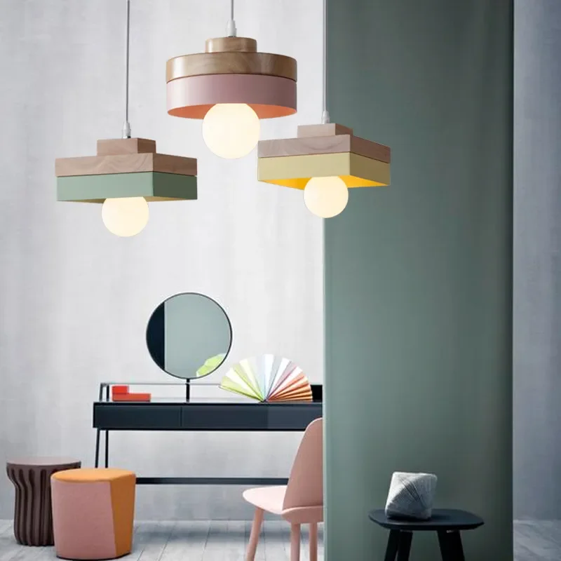 Nordic Wood Art Macaron Pendant Lights Ceiling Kitchen Personality Bar Restaurant Island Hanging Lamps Bedroom Light Fixture Led