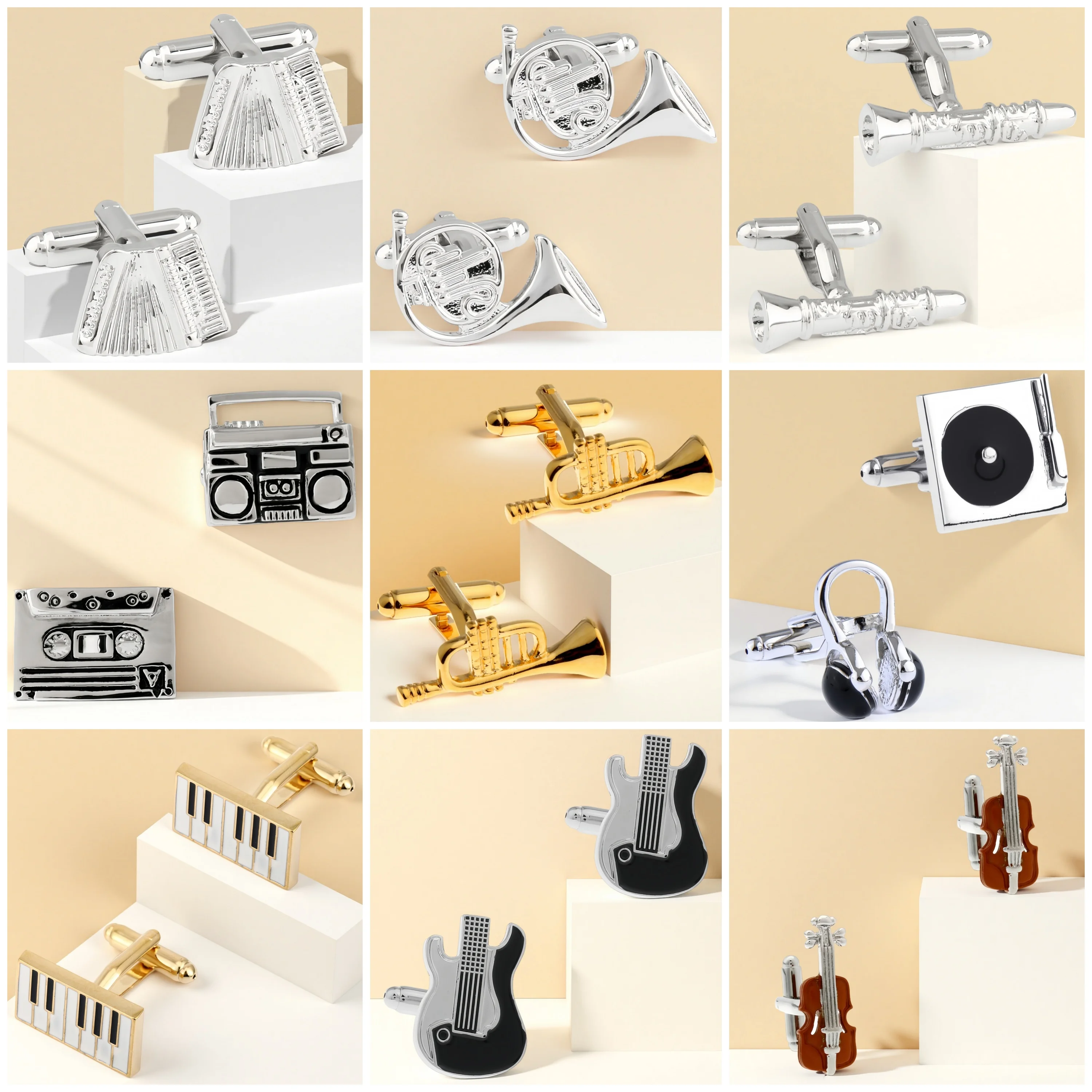 Abotoaduras Masculinas Annlyy Fashion com Motivos de Piano, Viola, Guitarra, Trompete, Acordeão, Trompa, Rádio e CD