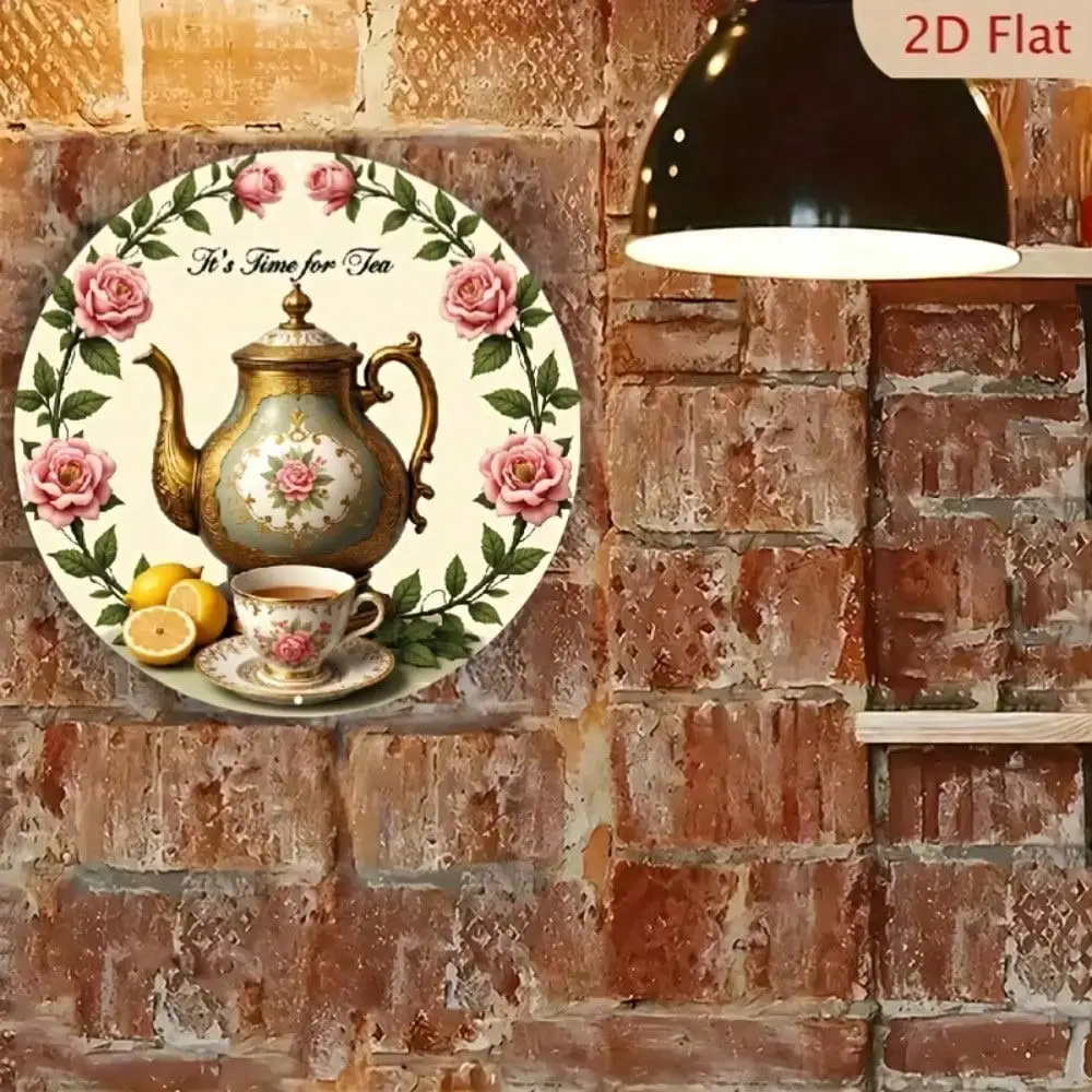 CIFBUY Iron Wall Art Vintage Floral Teapot Roses Round Waterproof Hanging Decor For Rustic Farmhouse Kitchen Indoor Plaque