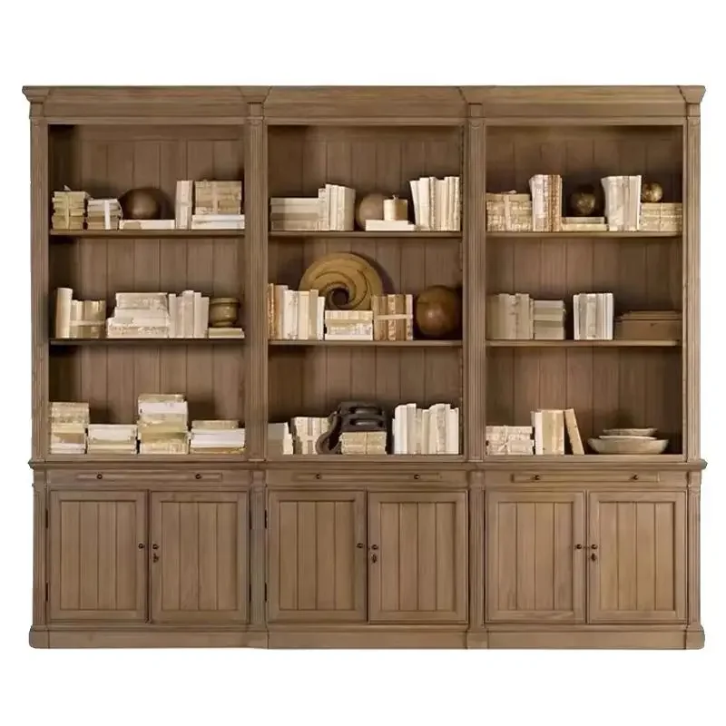 Wall combination bookcase, solid wood rural retro old living room bookcase, display cabinet, wall side cabinet