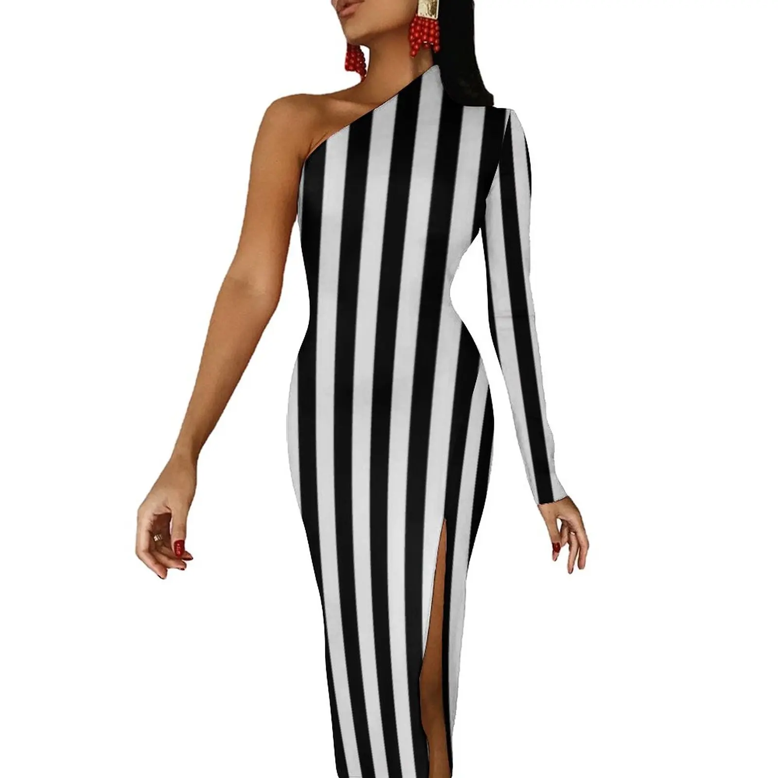 Black White Striped Maxi Dress One Shoulder Vertical Stripes Aesthetic Bodycon Dresses Side Split Elegant Dress Graphic Vestido