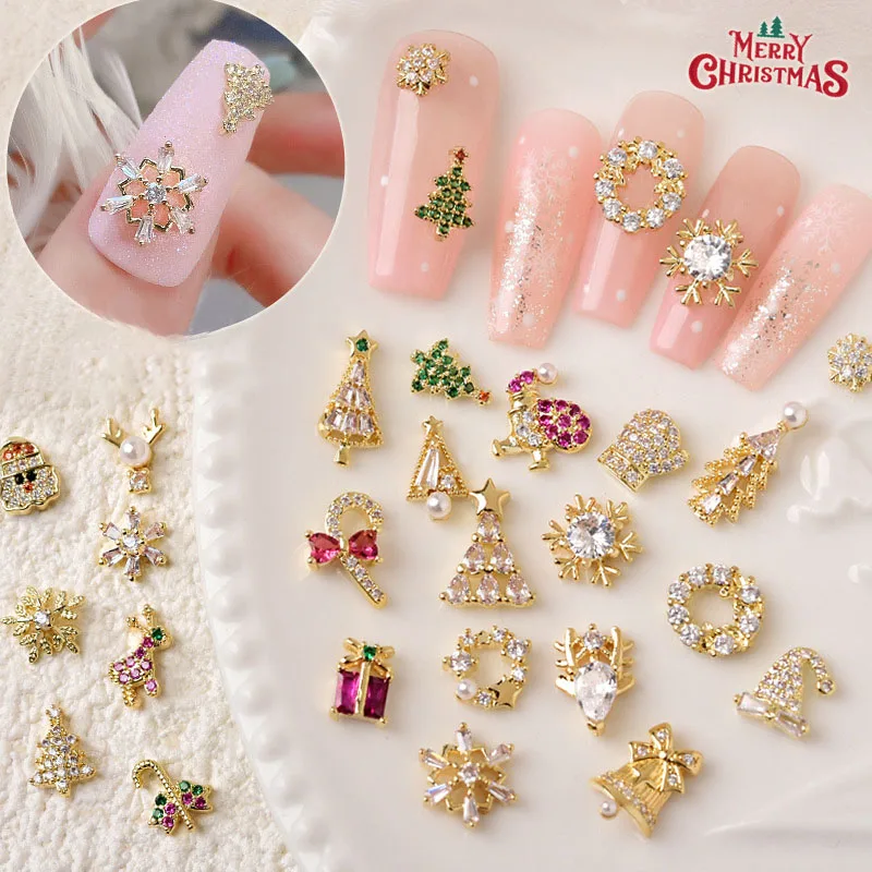 2pcs Christmas Nail Zircon Charms Luxury Snowflake Snowman Elk Small Bell Tree Nail Gem Ornament New Year Nail Art Accessories