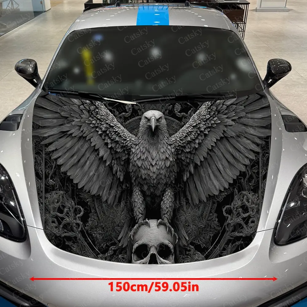 Winged Raven Shadow Covering Skull Car Vinyl Wrap, PVC Waterproof Car Hood Sticker, Self-Adhesive Scratch-Resistant Stickers
